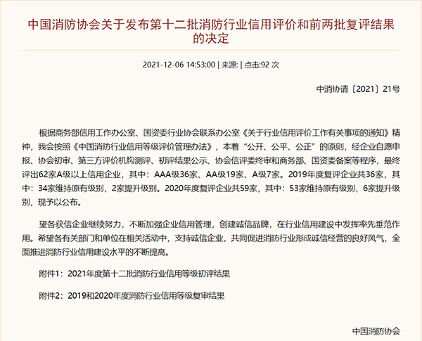 中國消防協(xié)會(huì)公布AA級信用企業(yè)名單